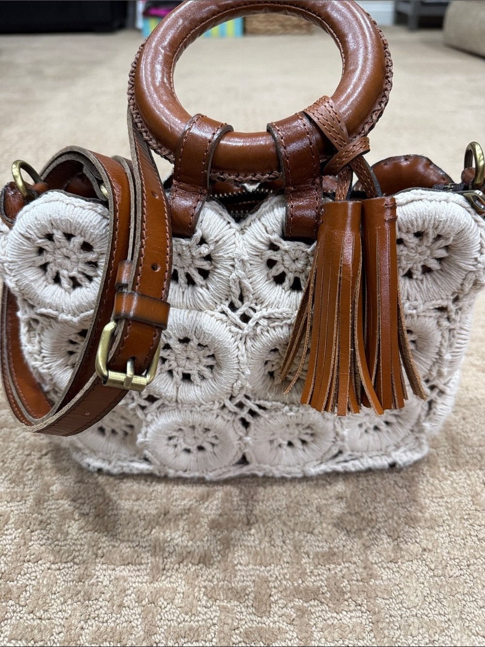 Patricia Nash White Crochet Crossbody with Brown Leather Trim